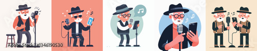 vector of grandfather singing with microphone
