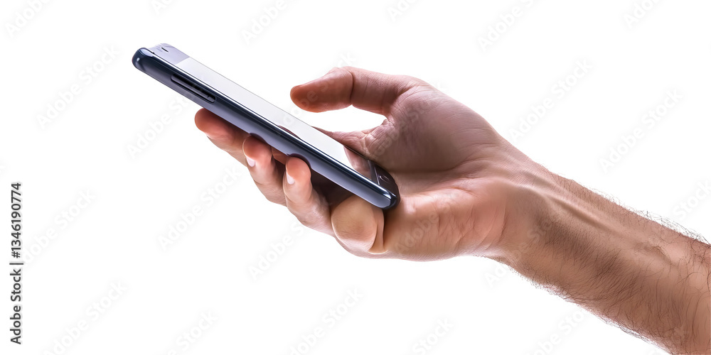 Realistic Image of Hand Holding Silver Phone Featuring Mobile Communication Device Digital Technology and Touch Screen on Transparent Background Realistic Image of Hand Holding Silver Phone Featuring Mobile Communication Device Digital Technology and Touch Screen on Transparent Background