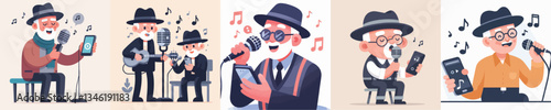 vector of grandfather singing with microphone