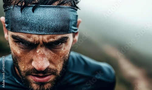 Close-up of a sweaty athlete wearing a headband, focused during a challenging outdoor workout.