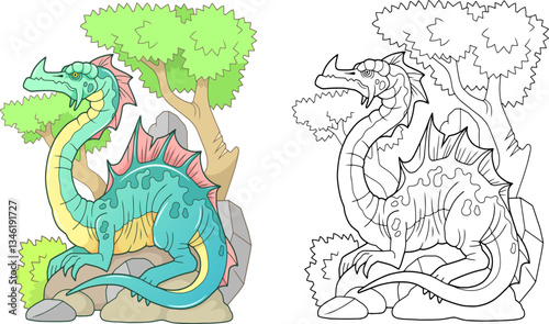 cartoon carnivorous dragon, coloring book, funny illustration