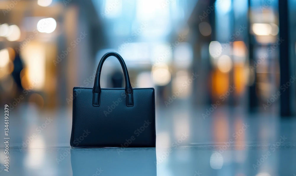 Naklejka premium Stylish black leather handbag sits elegantly on a polished floor in a modern, blurred background.