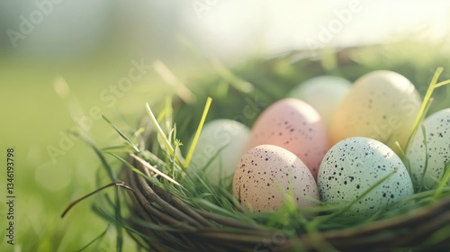 A woven nest filled with pastel-colored speckled eggs rests gently on green grass, embodying the essence of spring in a tranquil setting