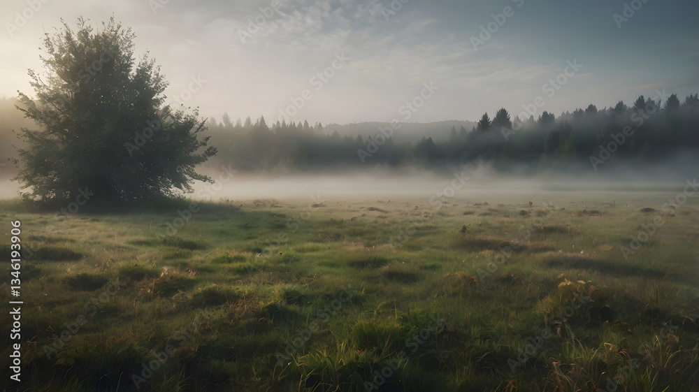 a dense fog rolling over a quiet meadow