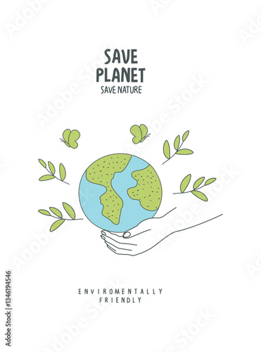 Vector hand drawn cartoon sketch of  green planet with supporting hand. Sustainable lifestyle. Plastic free ecological poster. Zero waste Concept.	
