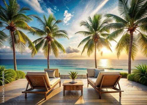 Escape to a serene oceanfront oasis.  Palm trees sway above a tranquil coastal lounge.
