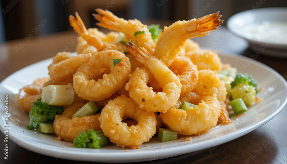 Delicious Crispy Fried Shrimp Rings with Broccoli and Celery Appetizer Dish Delicious Crispy Fried Shrimp Rings with Broccoli and Celery Appetizer Dish