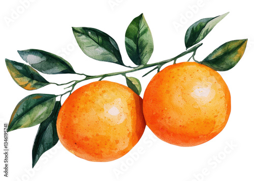 Watercolor painting of two oranges on a branch with leaves against a transparent background. Fresh and vibrant fruit illustration. © Sariyono
