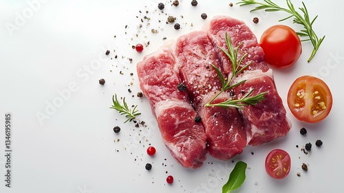 Raw Steaks with Rosemary, Cherry Tomatoes and Peppercorns on White Background