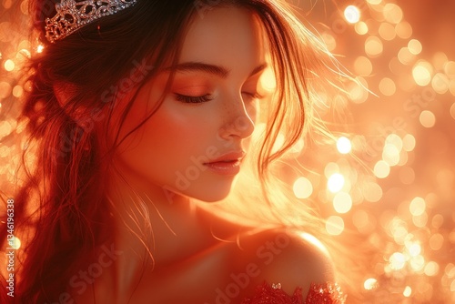 Beauty queen in glamorous red gown with silver tiara on stage at beauty pageant photo
