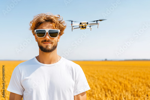 A man in sunglasses stands confidently in a golden field, operating a drone that hovers nearby. This highlights the integration of technology in agriculture, enhancing productivity photo