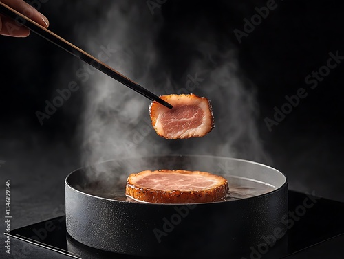 Steaming Duck Breast for Chopsticks, Black Background.
