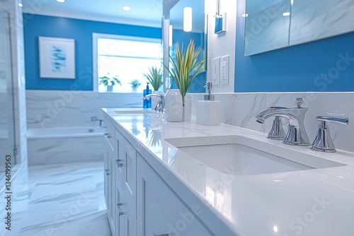 Contemporary luxe bathroom interior showcases sleek design with blue walls, white marble countertops, and modern fixtures. Concept emphasizes contemporary luxe bathroom interior, design, decor.