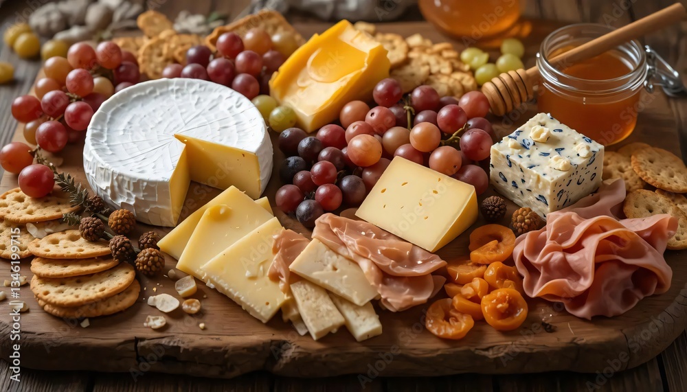 Delicious Cheese Board with Honey Grapes and Crackers Perfect for Parties and Gatherings Delicious Cheese Board with Honey Grapes and Crackers Perfect for Parties and Gatherings