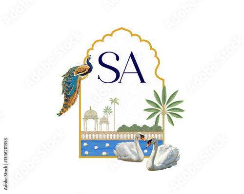 This premium Indian wedding logo features an elegant monogram with the letters "S" and "A," a peacock, swans on water, palm trees, and a golden arch with domed architecture.