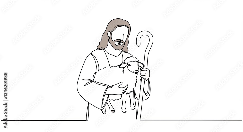 Fototapeta premium Jesus Christ the Good Shepherd with Sheep and Staff - Gospel Illustration