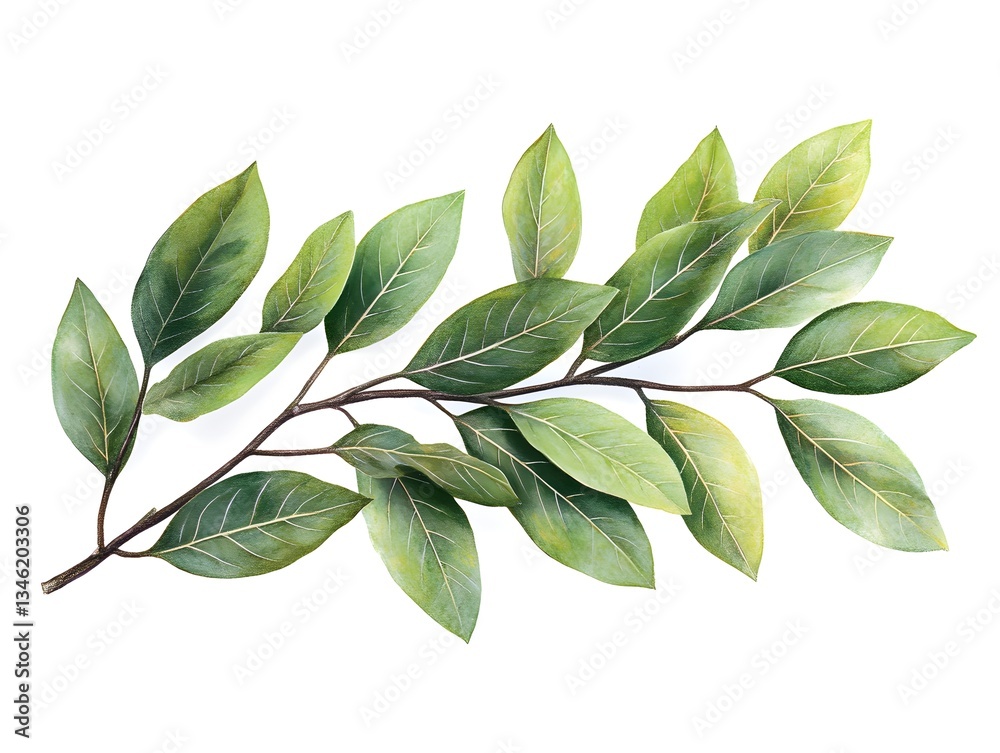 Naklejka premium A vibrant watercolor painting of a lush green bay leaf branch with detailed leaves isolated on a white background.