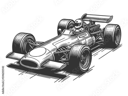 classic Formula race car, showcasing aerodynamic design, speed, and the nostalgia of motorsport history sketch engraving generative ai vector illustration. Scratch board imitation. Black and white.