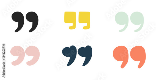Doodle quotation mark. Hand drawn color comma set for speech bubble. Vector comic apostrophe icon for conversation. Sketch scribble sign. Punctuation symbol on white background