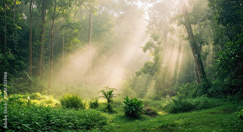 Obraz premium Soft morning mist rising from a lush rainforest oasis, creating a dreamlike scene