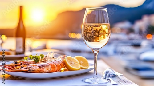 Elegant seafood dining experience at sunset by the waterfront with wine and vibrant scenery