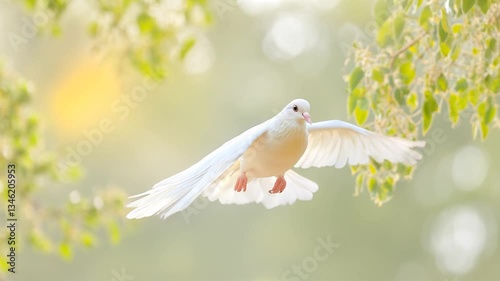 A pure white dove flies gracefully between green tree branches, bathed in soft sunlight, symbolizing harmony and new beginnings. Concept of peace and nature’s beauty

