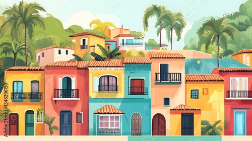 A painted illustration of colorful hacienda houses