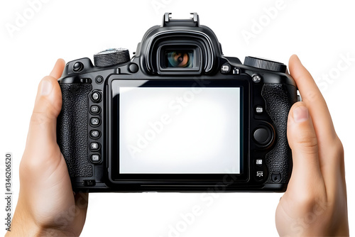 Realistic Photo of Digital Camera Being Held by Two Hands Revealing its Blank Clear Screen Displaying Capture Professional Photo Equipment with Transparent Background