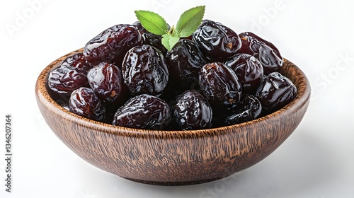 A wooden bowl filled with fresh pitted prunes