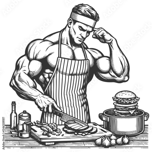 muscular man preparing a meal, symbolizing fitness, healthy eating, strength, and balanced nutrition sketch engraving generative ai vector illustration. Scratch board imitation. Black and white image.