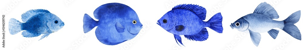 Fototapeta premium An isolated white background serves as the setting for a watercolor illustration of fish, drawn by hand