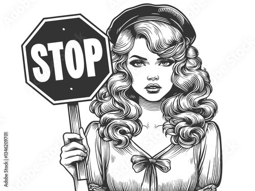 woman with flowing hair holding a stop sign, blending beauty and authority sketch engraving generative ai fictional character vector illustration. Scratch board imitation. Black and white image.