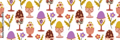Easter pattern with with floral eggs. Easter trendy boho illustration. Pastel chocolate eggs with cute flower background. Spring design. April party decoration. Vector flat illustration.