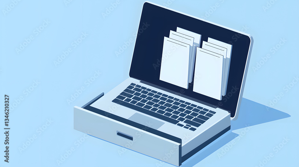 Laptop illustration with a file drawer representing data storage and management concepts, symbolizing digital organization and information flow in modern technology.

