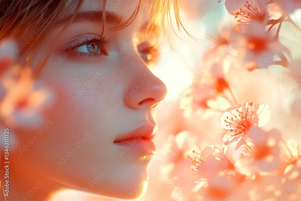 Fototapeta premium Stunning caucasian young woman surrounded by cherry blossoms. Spring mood, golden hour in sunset. Commercial ad concept. Woman in a spring garden for advertising. Bright woman in floral park.