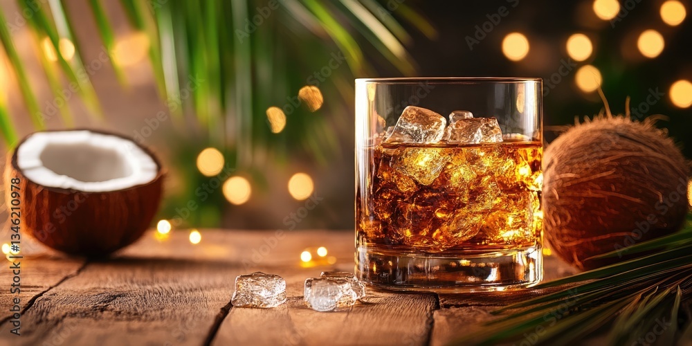 Golden rum with tropical palm leaves and coconuts in the background for food and drink blogs,travel websites,bar and restaurant menus,cocktail recipe sites,and social media posts related to tropical Golden rum with tropical palm leaves and coconuts in the background for food and drink blogs,travel websites,bar and restaurant menus,cocktail recipe sites,and social media posts related to tropical