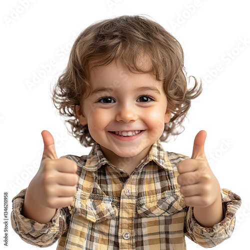 Cheerful smiling kid showing thumbs up isolated on transparent background, png