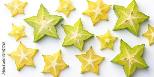 Starfruit slices arranged in a celestial-themed design on white.