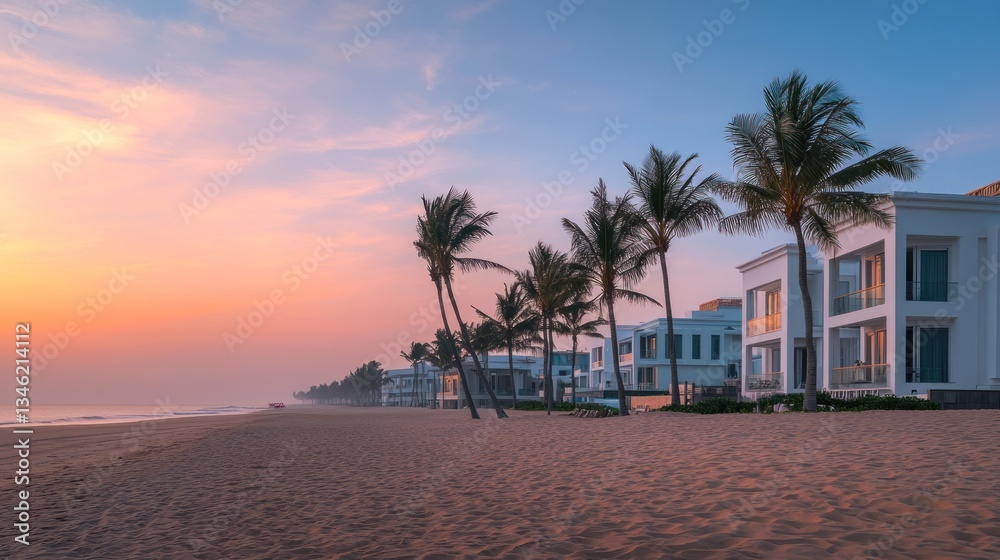 Fototapeta premium Serene beachside resort at sunset with palm trees lining the shore