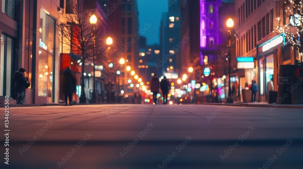 People stroll along a lively street adorned with vibrant lights as evening settles over the downtown area People stroll along a lively street adorned with vibrant lights as evening settles over the downtown area
