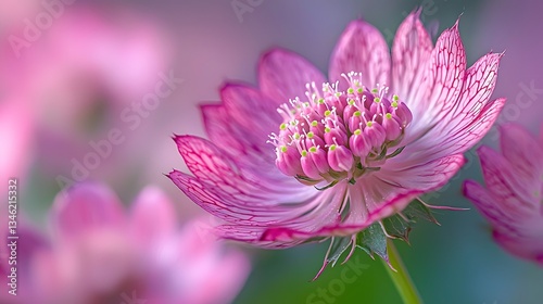 Vibrant Pink Astrantia Flower in Close up