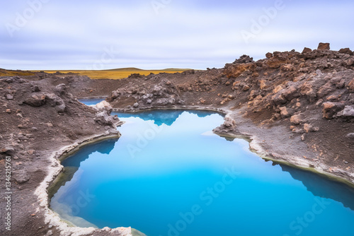 ethereal allure of Blue Lagoon in Iceland, where celestial hue of its geothermal waters dances harmoniously with obsidian embrace of volcanic rocks, creating an oasis of serenity amidst untamed grande