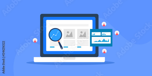 Website traffic analytics software, SEO performance report, website on laptop screen and dashboard with visitors' location and browsing data e-business concept.