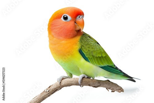Colorful lovebird perched on branch.