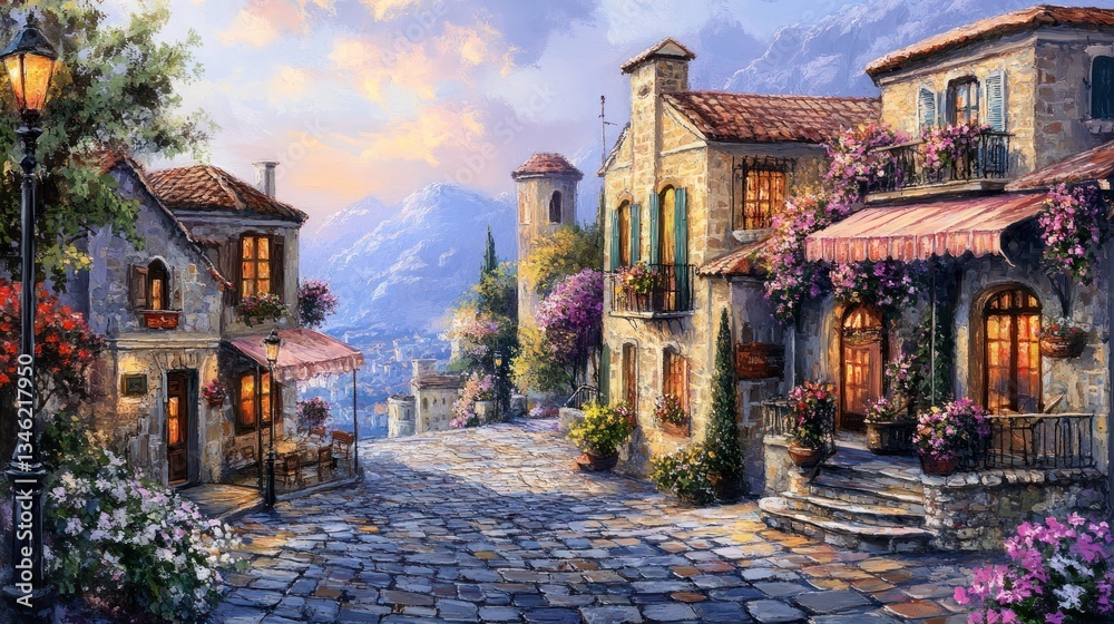 Fototapeta premium Charming cobblestone street in a picturesque village with blooming flowers