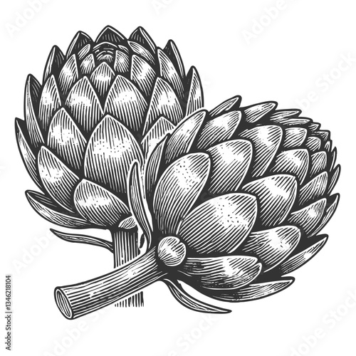 artichoke with intricate layers of leaves, drawn in an engraved, woodcut style sketch engraving generative ai vector illustration. Scratch board imitation. Black and white image.