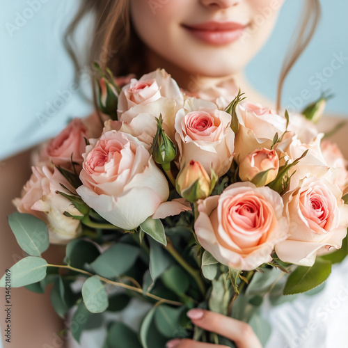 Woman with bouquet of beautiful roses on light blue background, closeup

