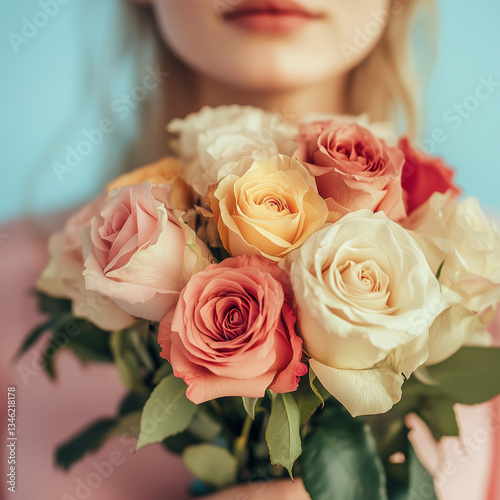 Woman with bouquet of beautiful roses on light blue background, closeup

