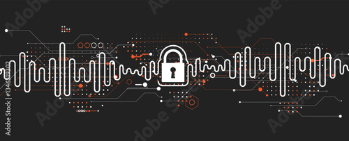 Cyber security lock on circuit board abstract concept