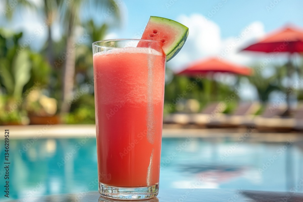 Obraz premium Refreshing Watermelon Juice by the Pool on a Sunny Summer Day